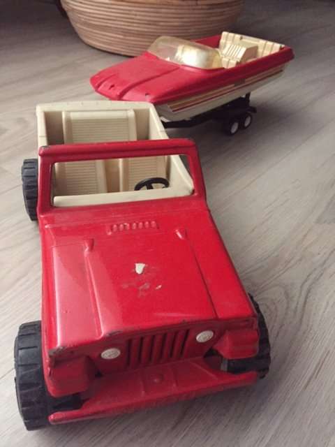 Vintage Tonka Jeep, Boat and trailer