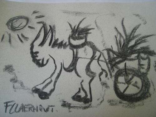 Authenticated Frans Claerhout A5, Donkey on paper, sertificate included