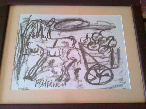 Authenticated , late entry, Frans Claerhout, Donkey with cart, charcoal, certificate