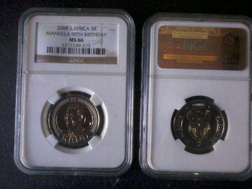 ** 2 x 2008 MANDELA R5 BIRTHDAY COINS NGC MS 66 - GETTING SCARCE-BID PER COIN !!**