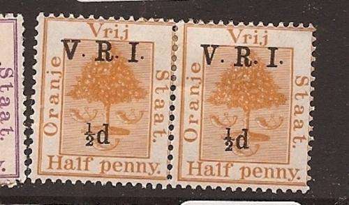 ****ORANGE FREE STATE 1902 PAIR OF V.R.I. OVPT 1/2d ON HALF PENNY SG 112+113 MOG !!!!***
