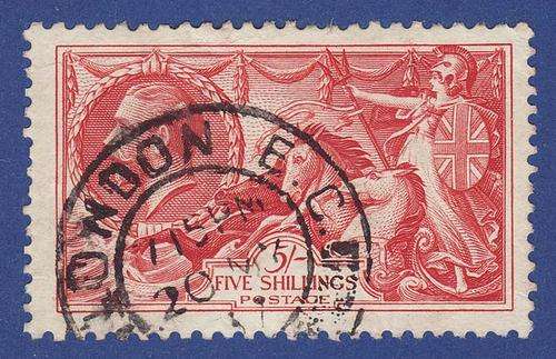 *** 1934  5/- BRIGHT ROSE RED  SEAHORSE SG 451***GOOD USED CV R 940***