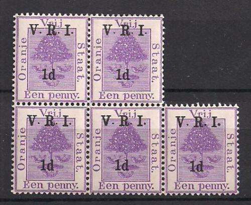 **** OFS THICK & THIN MH BLOCK OF 5 1d V.R.I. OVPT SG 113***