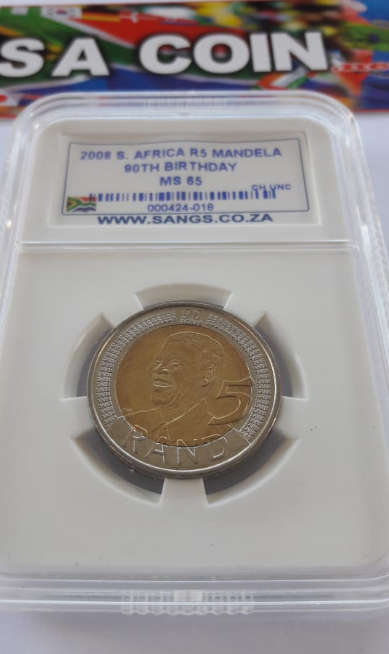 Mandela - MS65 - year 2008 - R5 - Sangs Grade -  "A Great Hobby; Collect Rare Notes and Coins"