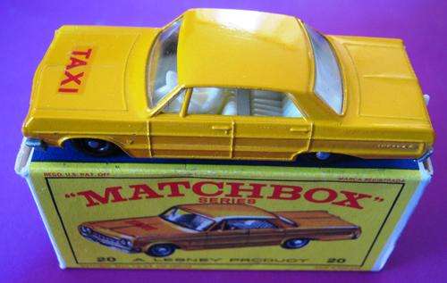 MINT AND ORIGINAL BOXED NO 20 CHEVVY IMPALA "TAXI" BY MATCHBOX LESNEY,  ENGLAND (NOT CORGI OR DINKY)