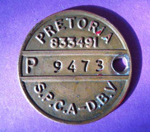 VINTAGE BRASS SPCA DOG LICENCE NO. 9473 FROM WAVERLEY, PRETORIA. GREAT DETAIL. POSTAGE R35.