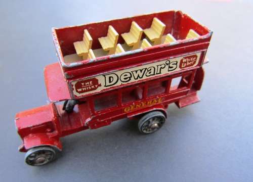VINTAGE DIE-CAST METAL `DEWAR`S` WHISKEY BUS BY `LESNEY MATCHBOX` FROM ENGLAND. NOT DINKY.
