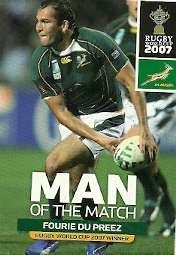 2011 BIG BALL RUGBY WORLD CUP COLLECTION - FOURIE DU PREEZ   MAN OF THE MATCH CARD NR 113