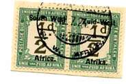 South West Africa Postage Due SACC1 1/2d Used pair on piece