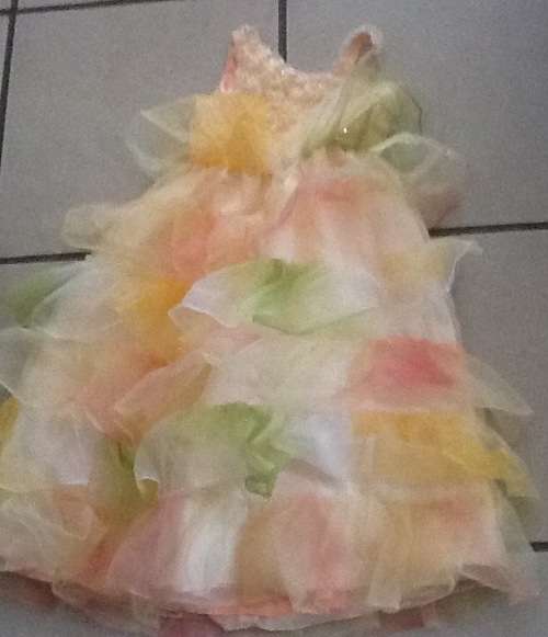 girls long formal pageant dress - orange, yellow, green - size +-6-8yr - bridesmaid - wore once