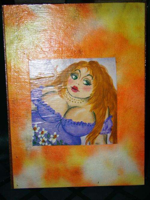 Fat lady decoupage on wood (orange & purple)