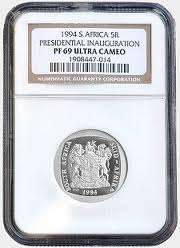MANDELA NGC GRADED PF69 ULTRA CAMEO INAUGURATION R5 COIN (DUST STEPS)**HIGH GRADE**