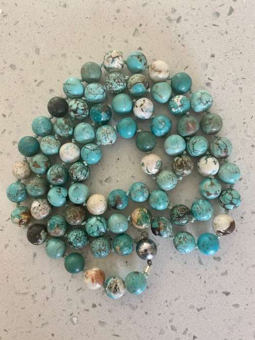 10mm Natural Turquoise Beaded Necklace With Sterling  Silver Turquoise Stud Earrings.