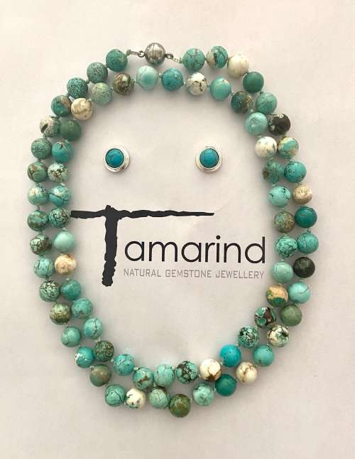 10mm Natural Turquoise Beaded Necklace With Sterling  Silver Turquoise Stud Earrings.