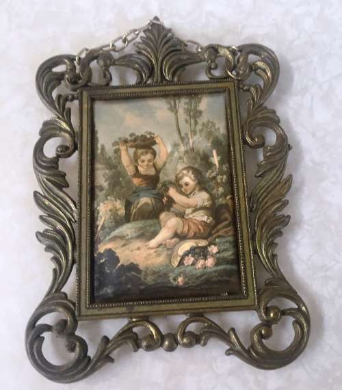 Vintage Italian silk pictures in Brass Frames