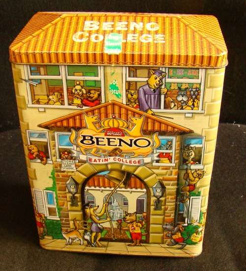 Nibbles cat and Beeno Eaton College biscuit tins