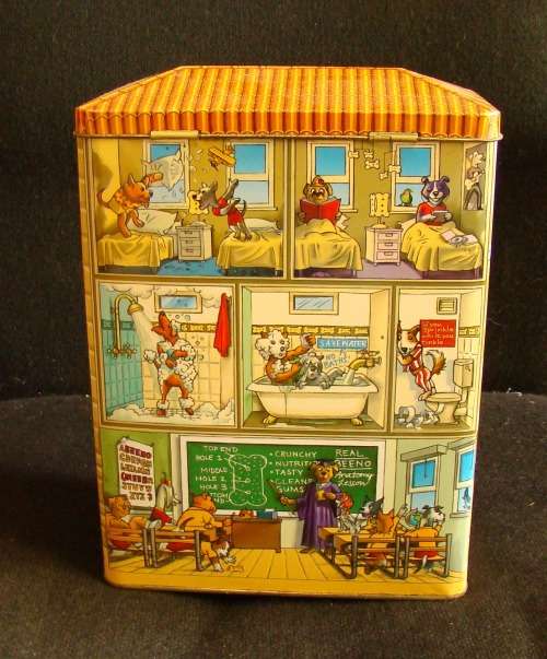 Nibbles cat and Beeno Eaton College biscuit tins