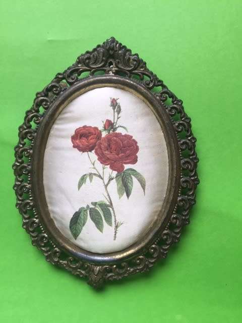 Set of 2 Vintage Italian silk pictures in Brass Frames - oval 120mm x 90mm