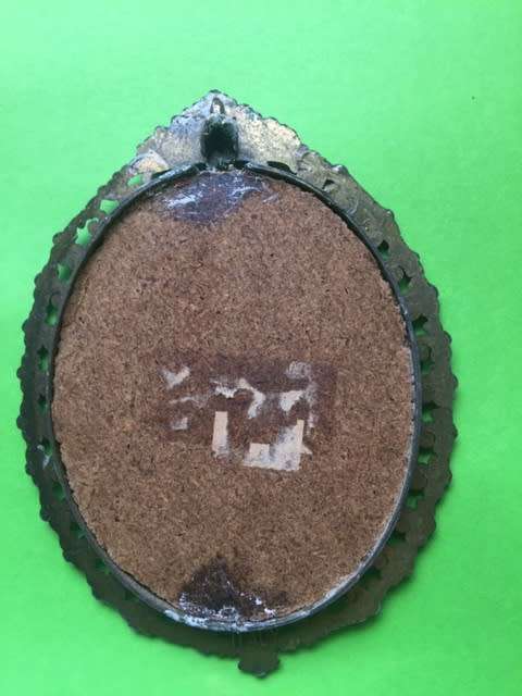 Set of 2 Vintage Italian silk pictures in Brass Frames - oval 120mm x 90mm