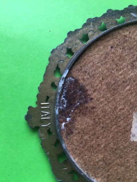 Set of 2 Vintage Italian silk pictures in Brass Frames - oval 120mm x 90mm