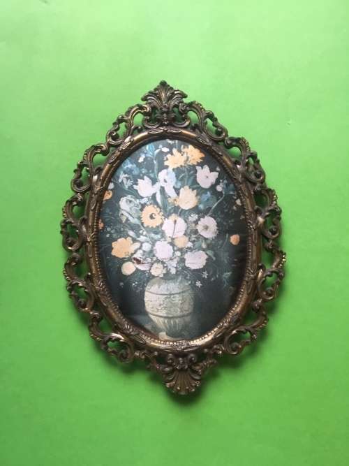 Set of 2 Vintage Italian silk pictures in Brass Frames - oval 165mm x 120mm