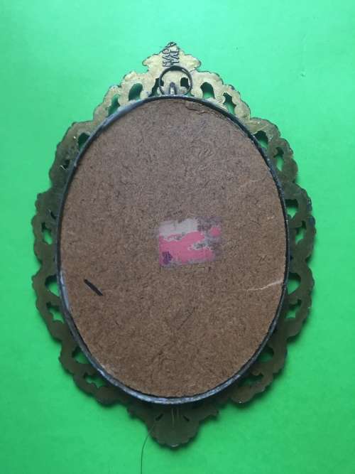 Set of 2 Vintage Italian silk pictures in Brass Frames - oval 165mm x 120mm