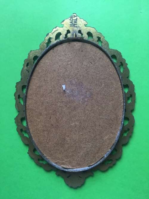 Set of 2 Vintage Italian silk pictures in Brass Frames - oval 165mm x 120mm