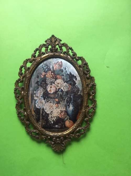 Set of 2 Vintage Italian silk pictures in Brass Frames - oval 165mm x 120mm