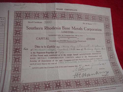 Rhodesia" SR Base Metals Share certificate 1927