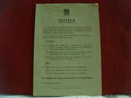 RHODESIAN; ORIGINAL PAMPHLET TO TERRORISTS 1974