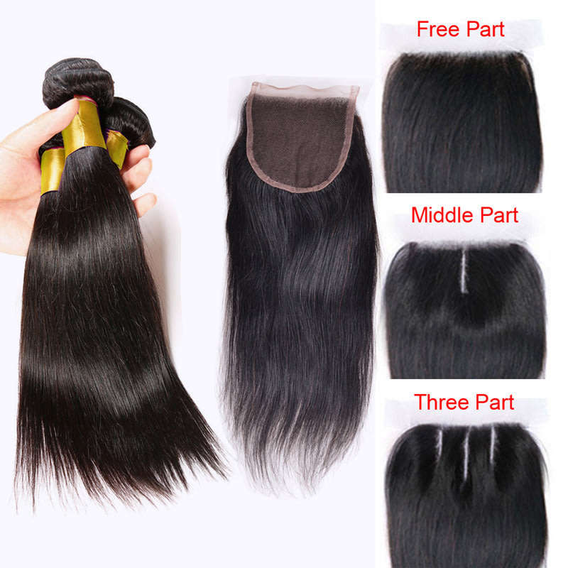 Peruvian Human Hair Straight 3 Bundles with Closure HEIBUY Hair