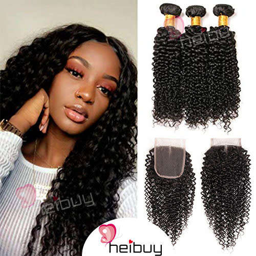 Brazilian Hair Kinky Curl 3 Bundles with Closure HEIBUY Hair