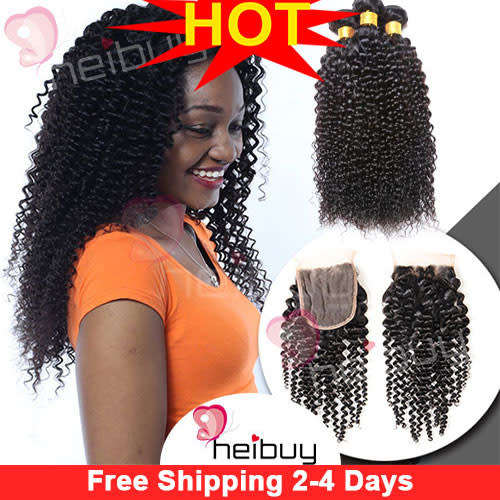 Brazilian Hair Kinky Curl 3 Bundles with Closure HEIBUY Hair