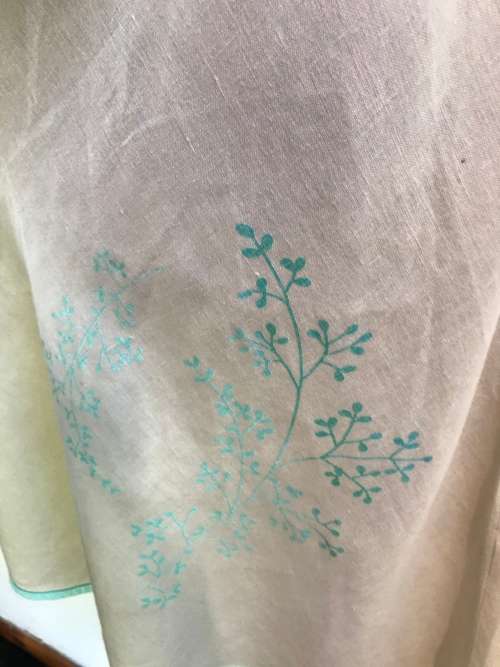 Size 16 / 40 designer is African Nature, 100% linen turquoise print dress