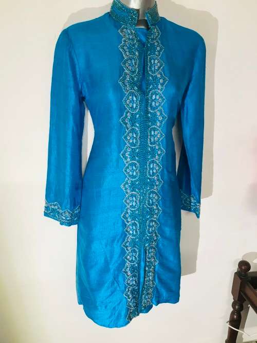 Raw silk embellished turquoise dress or tunic top suits 34 / 10