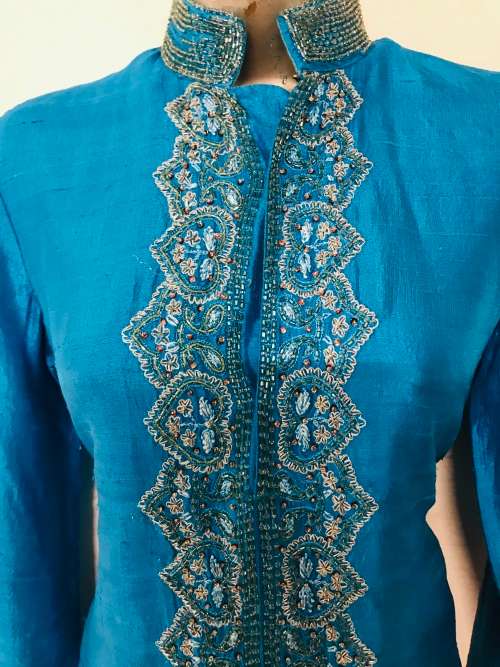 Raw silk embellished turquoise dress or tunic top suits 34 / 10