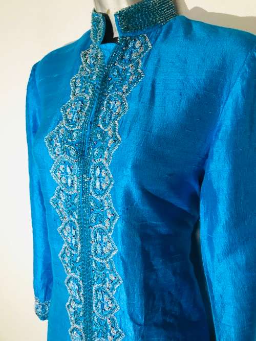 Raw silk embellished turquoise dress or tunic top suits 34 / 10