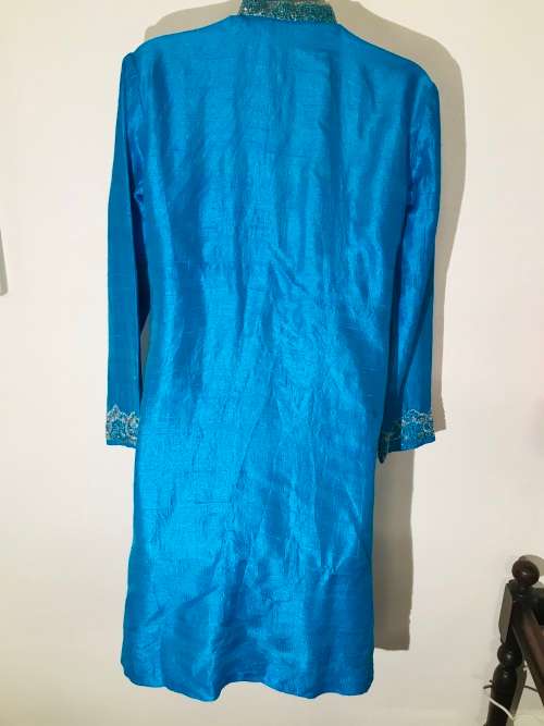 Raw silk embellished turquoise dress or tunic top suits 34 / 10