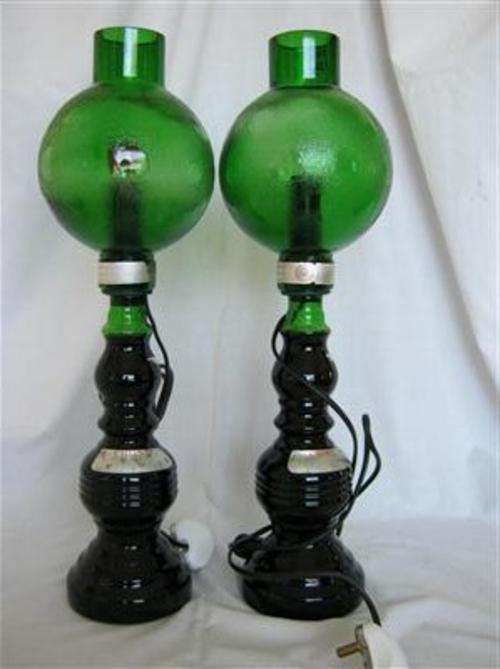 BOTTLE GREEN GLASS LAMPS WITH ROUND SHADES..THE LABLE HAS CHIATI TABLE WINE STICKERS..MADE IN ITALY