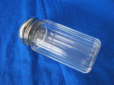 FACETED CLEAR GLASS BOTTLE WITH LONDON HALL MARKED STERLING SILVER TOP