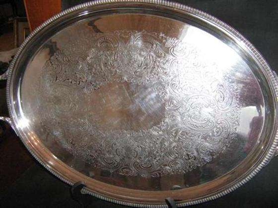 LARGE OVAL SILVER PLATED SALVER..62cm IN LENGTH(handle to handle) & 38cm WIDE