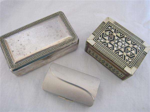 SILVER PLATED JEWELLERY BOX + WOODEN JEWELLERY BOX WITH MOTHER OF PEARL INLAY + SMALL WHITE METAL BO