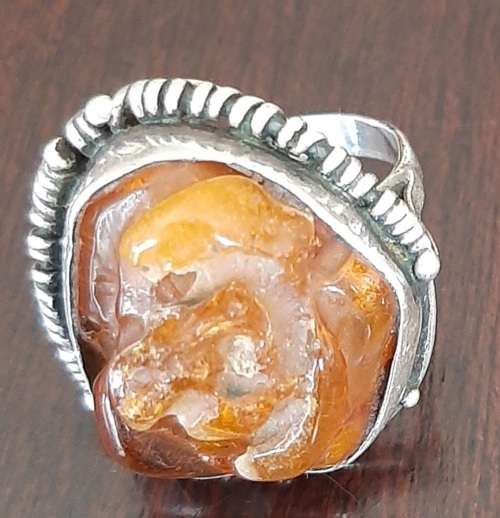 Silver ring with natural rose pattern Baltic Amber