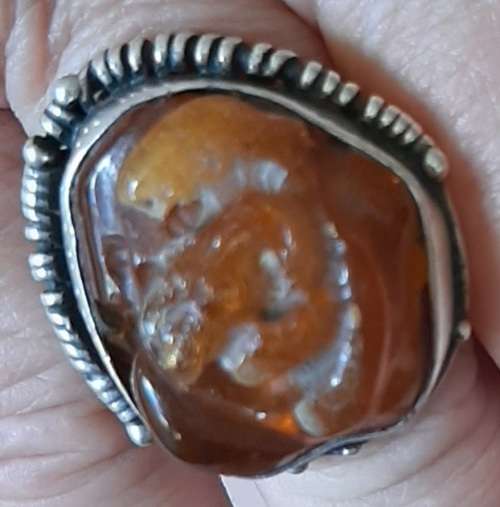 Silver ring with natural rose pattern Baltic Amber