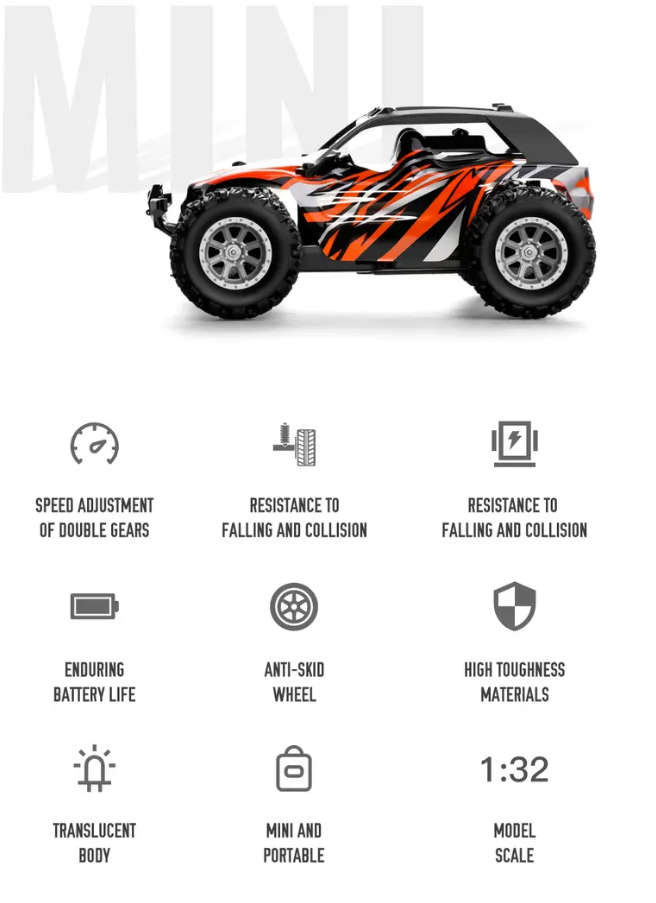 Brand New! 1:32 Up to 20Km/h! Strong Remote Control Car, Rechargeable, With Lights, Rubber Tires