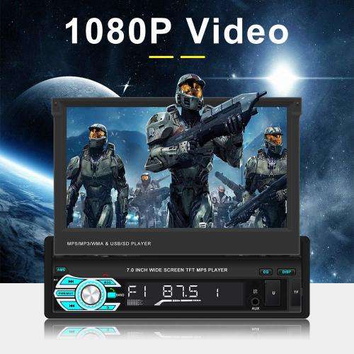 Single Din Car Stereo MP5 Player 7 inch Retractable Touch Screen and Rear View Camera Support 1080P