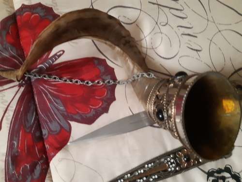 VIKING DRINKING HORNS WITH STAND AND DAGGER