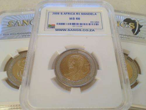 [bid per coin - set of 3] - 2008 Mandela 90th birthday R5 - SANGS MS66