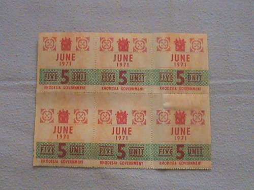 Rhodesia 1971 petrol coupons 5 unit set of 6