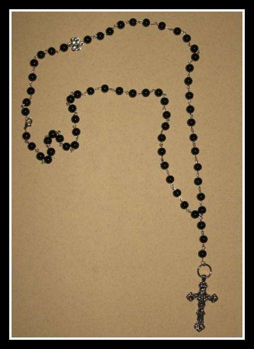 ***Black beads Rosary necklace with Tibetan Silver Cross***